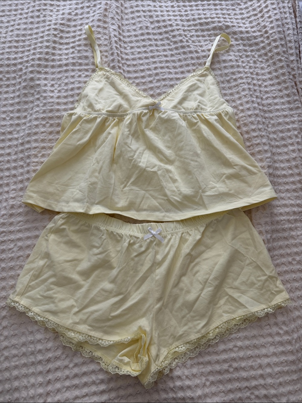 SHEIN Pale Yellow Lace-Trim Cami & Short Sleep Set
